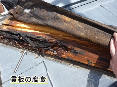 棟板金の内側で腐食した貫板