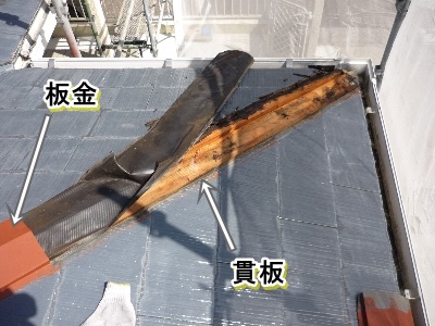 棟板金を外して露出した下地の貫板