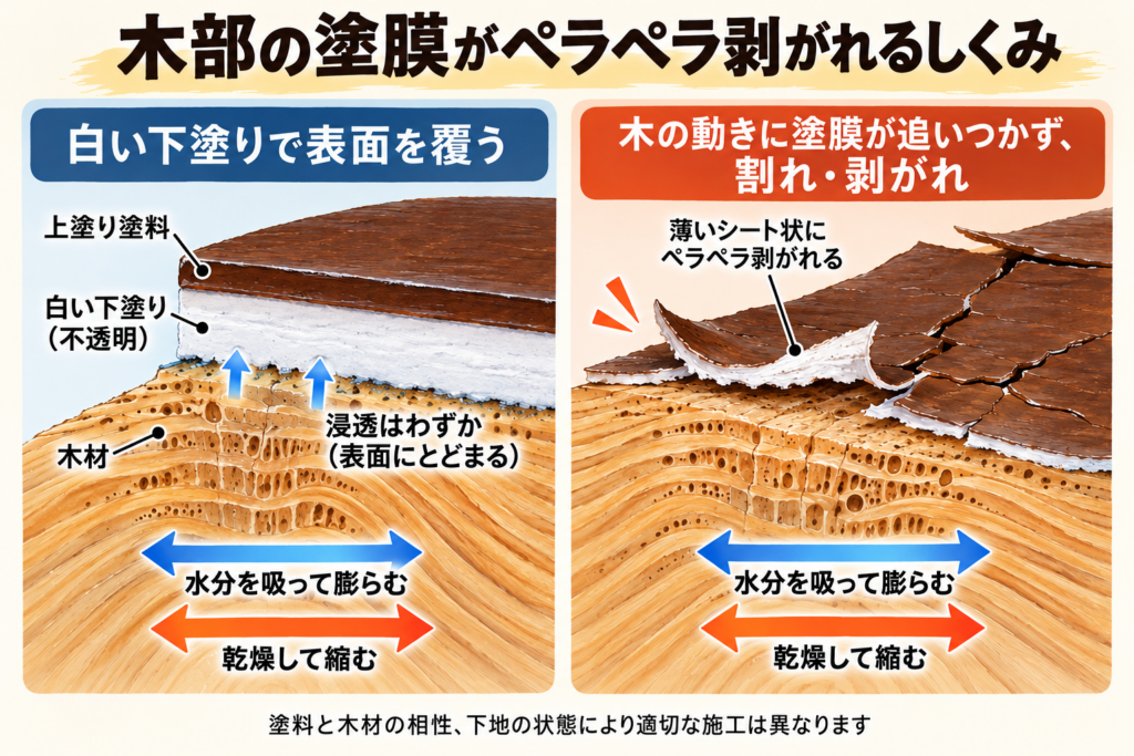 木材の膨張・収縮に塗膜が追従できず、白い下塗り層から割れて剥がれる仕組みの図