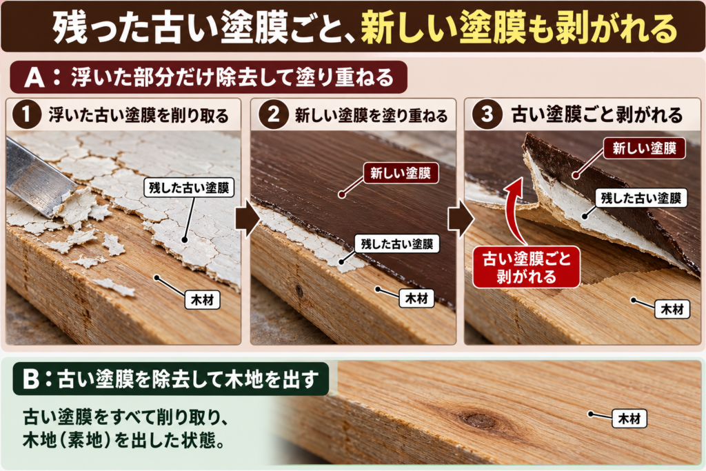 浮いた旧塗膜だけを除去した場合の再剥離と、全除去して木地を出す処理を比べた図