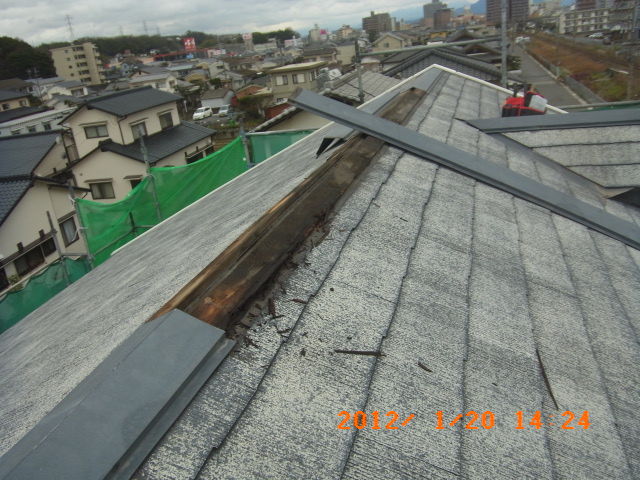 棟包み板金を取り外して露出した下地木材