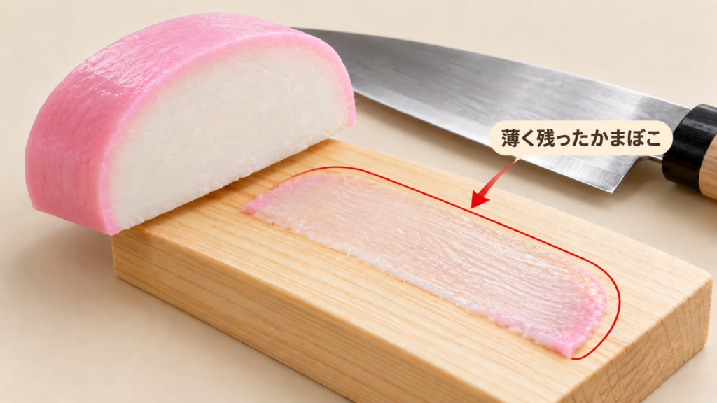 板に薄く残ったかまぼこで、旧シーリングの取り残しを例えた図