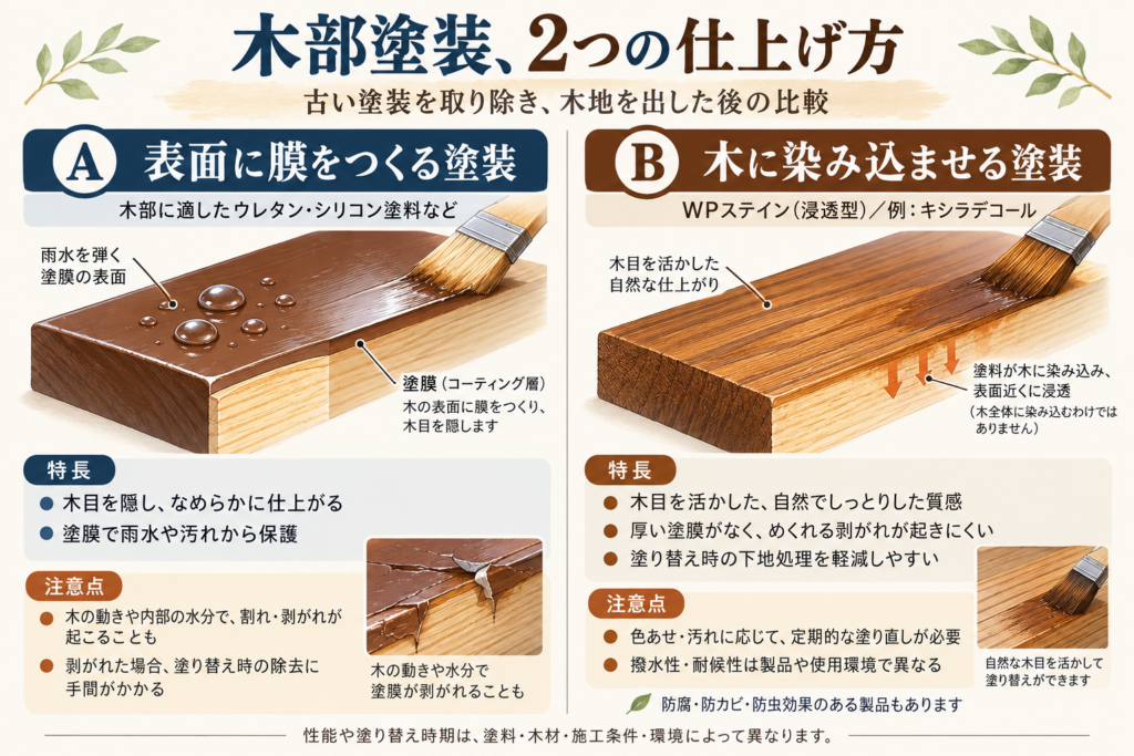 木部塗装の造膜型と浸透型WPステインの仕上がり・長所・注意点を比較した図