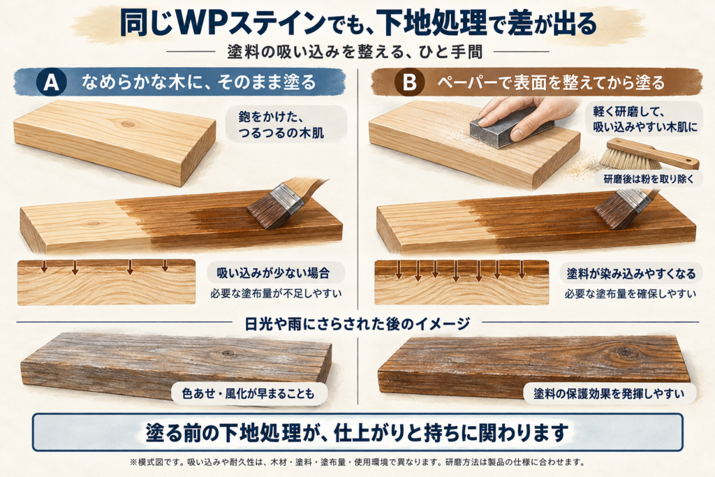 WPステインの下地処理の比較図。滑らかな木肌と研磨した木肌で、塗料の吸い込みや風化に差が出るイメージ