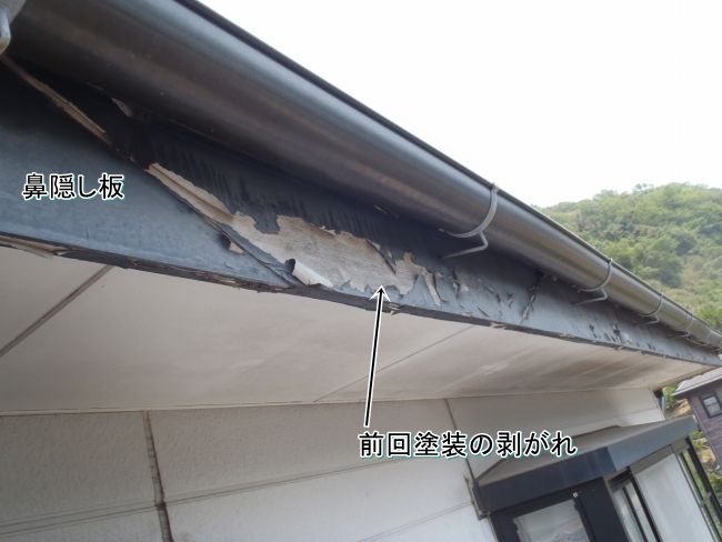 鼻隠し板の旧塗膜が広範囲に剥がれた状態
