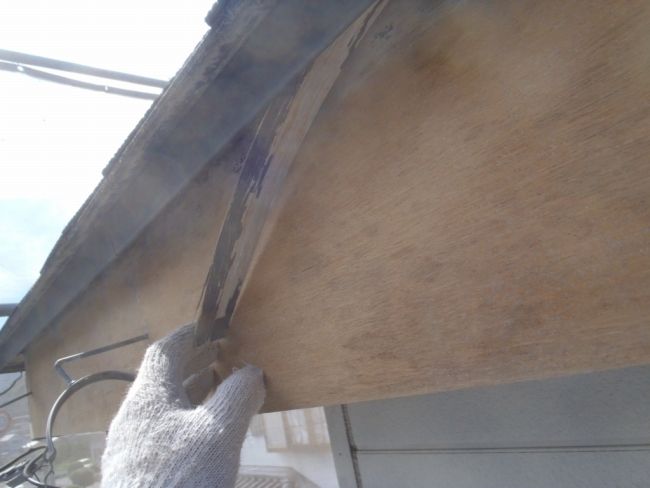 木部の端でめくれかかった旧塗膜をヘラで除去
