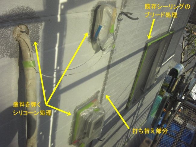 玄関西面のシリコーン処理・ブリード対策・打ち替え箇所