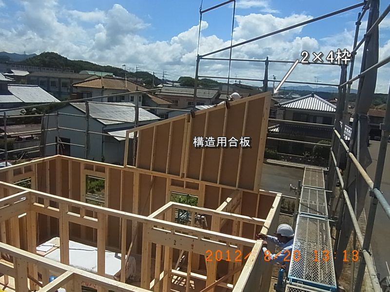 2×4の木枠と構造用合板を説明する別現場の建築写真