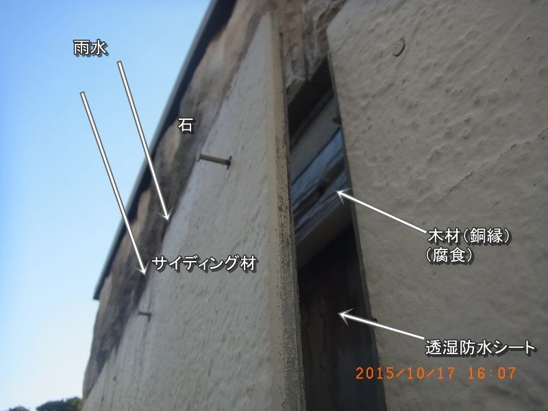 浮いた外壁の裏側に見える腐食した胴縁と防水シート