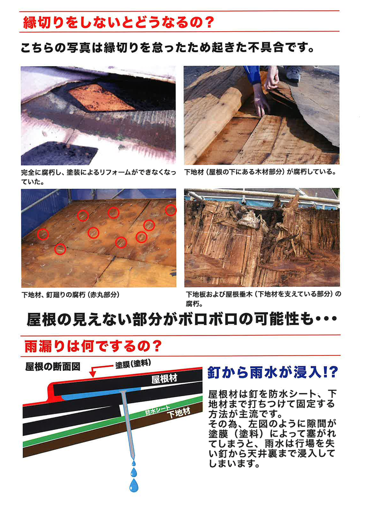 縁切り不足による屋根下地の腐朽例と、釘穴を通る雨漏り経路の説明図
