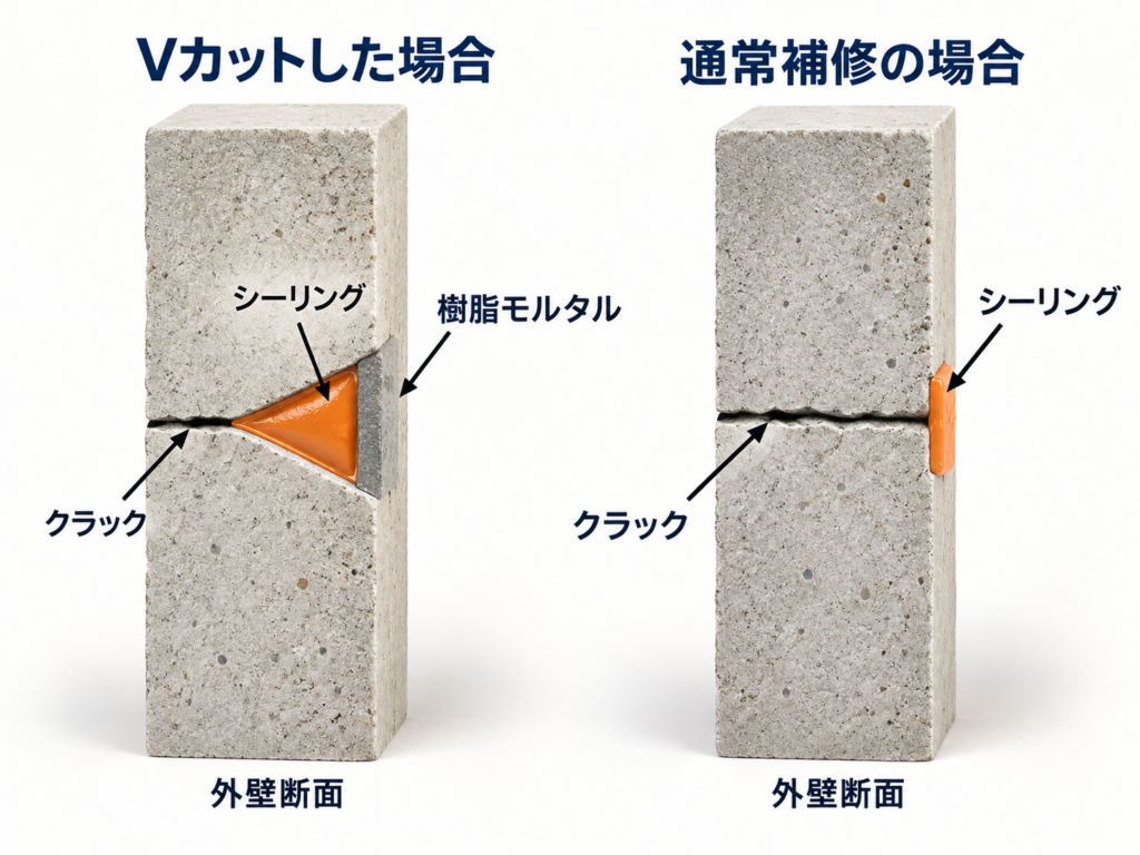 Vカット補修と表面補修の断面比較。V字溝にシーリングを充填し、表面を樹脂モルタルで整える