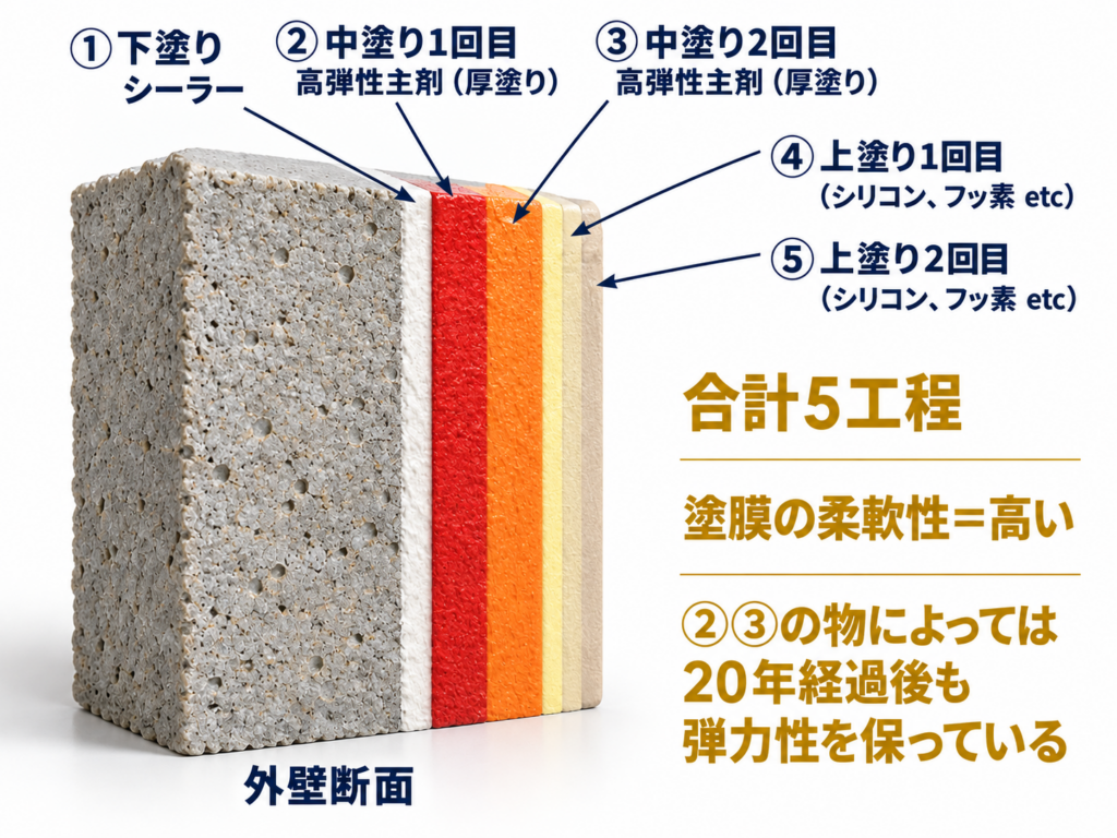 シーラー、高弾性主剤2回、上塗り2回を重ねる複層弾性仕様の5工程断面図