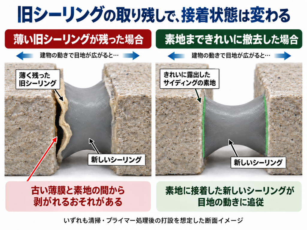 旧シーリングの取り残しによる接着状態の比較。左の矢印は経年で疲労した薄膜シーリング材を示す。