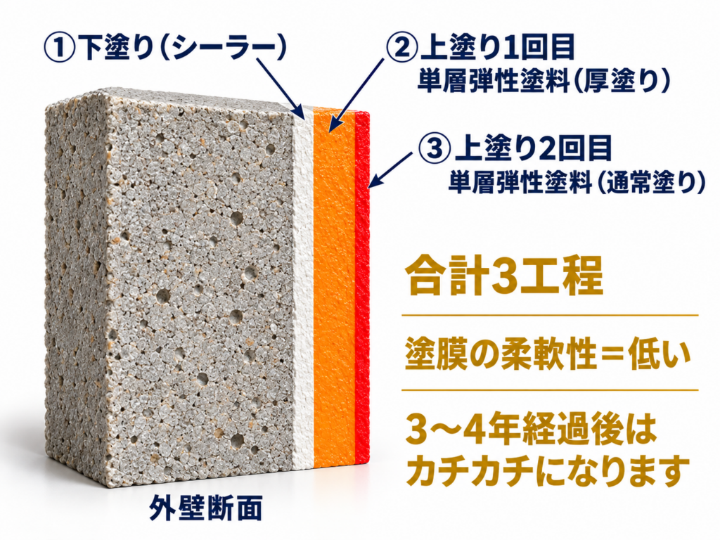 シーラー1回と単層弾性塗料の上塗り2回、合計3工程の塗膜断面図