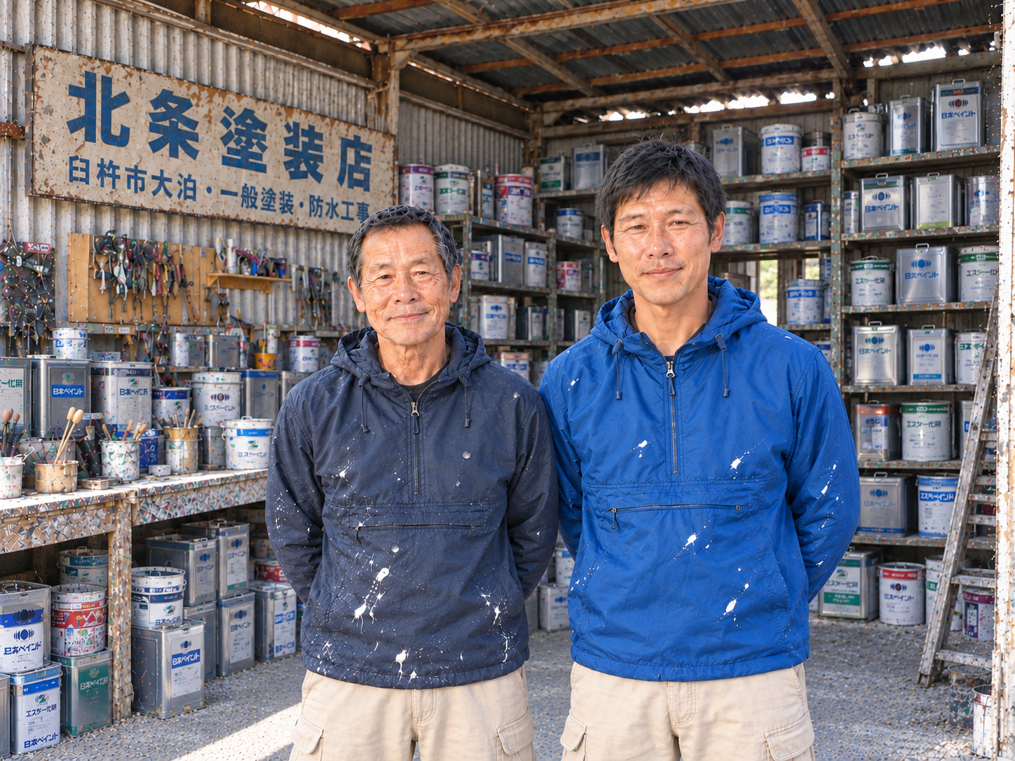 塗装道具と塗料缶が並ぶ倉庫に立つ二人