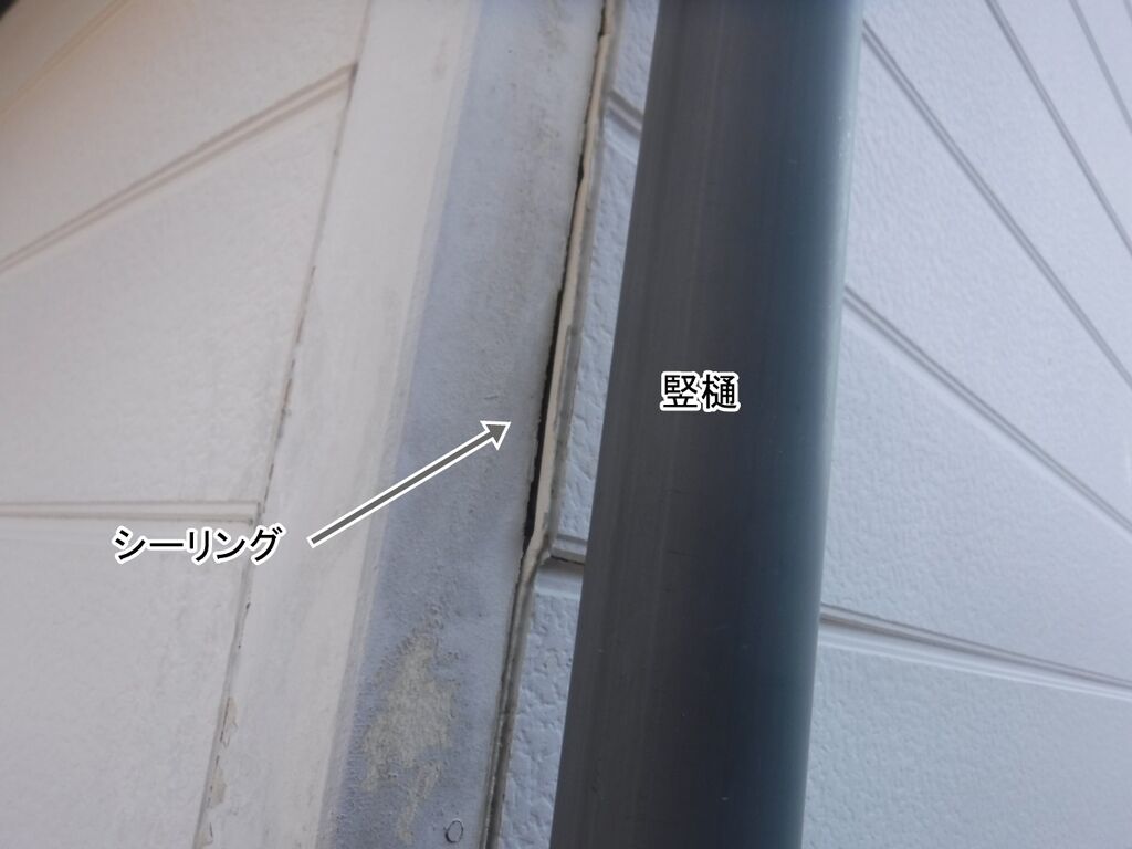 竪樋の裏側にある劣化した外壁目地