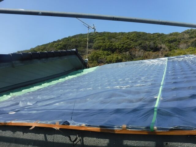 棟違いの屋根面をビニールで覆った養生