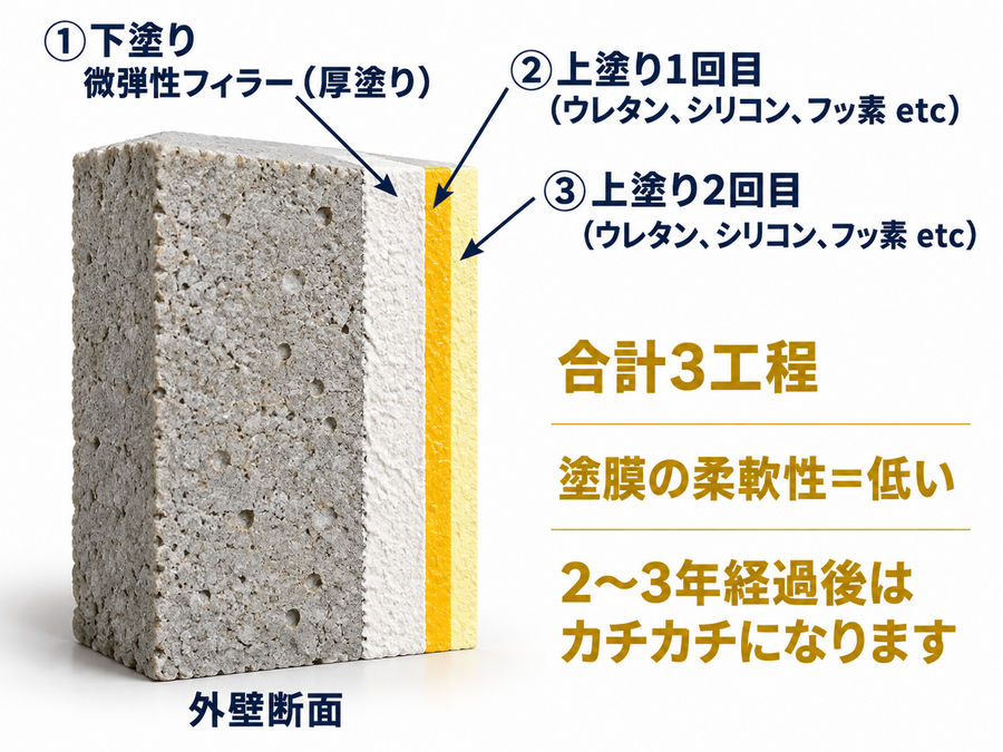 微弾性フィラーの厚塗り1回と上塗り2回、合計3工程の塗膜断面図